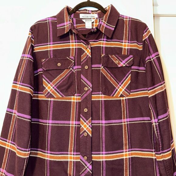 Duluth Trading Co Large Folklore Women’s Flannel Shirt Purple Orange Plaid EUC - Picture 3 of 13